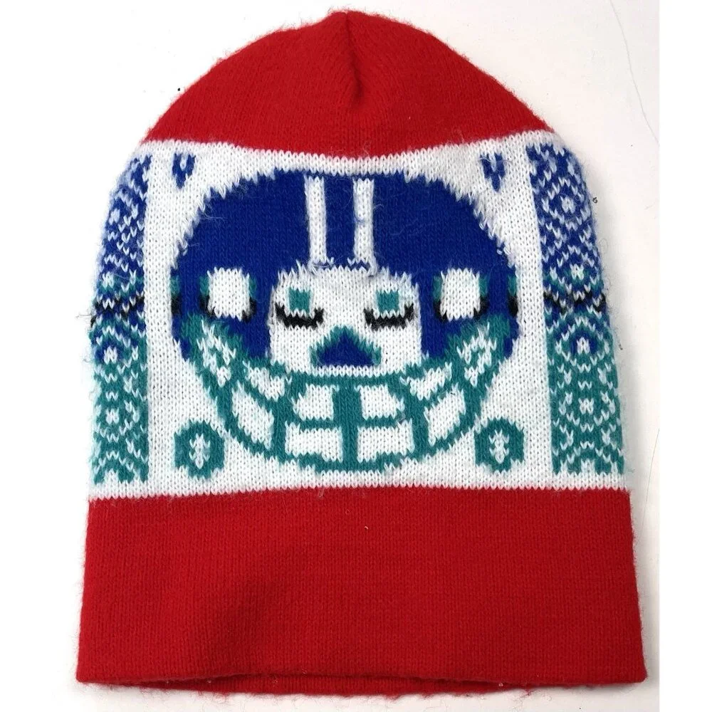 VTG 80s Mens Red Knit Football Helmet Face 1 Hole SKI MASK Balaclava Winter Cap